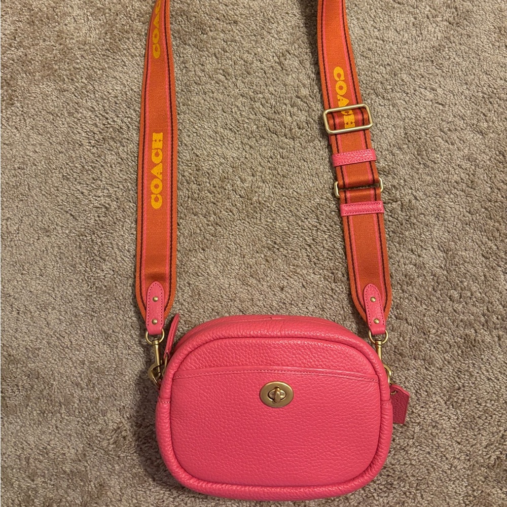 Coach Pebble Leather Camera Bag Watermelon w/web & leather strap!